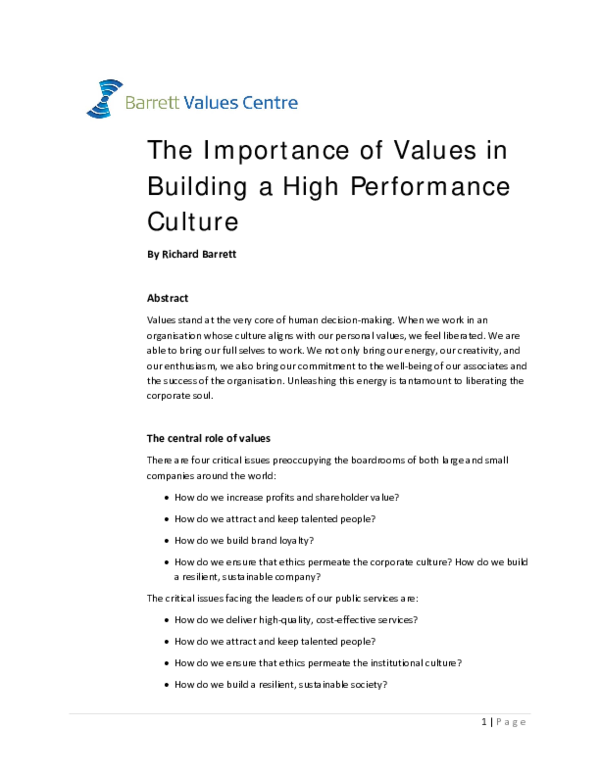 (PDF) The Importance of Values in Building a High Performance Culture