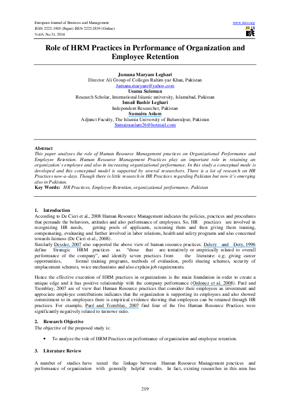 (PDF) Role of HRM Practices in Performance of Organization and Employee ...