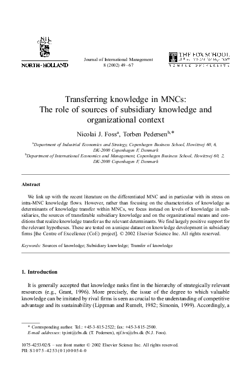 (PDF) Transferring Knowledge In MNCs:: The Role of Sources of ...