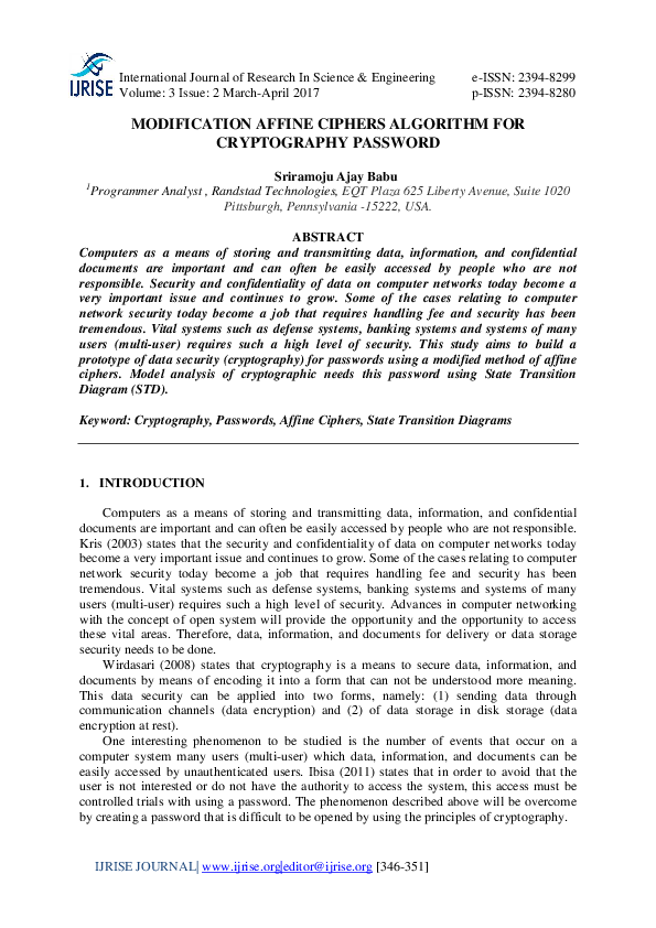 Pdf Modification Affine Ciphers Algorithm For Cryptography Password