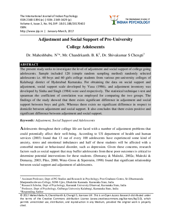 (PDF) ADJUSTMENT AND SOCIAL SUPPORT OF PRE-UNIVERSITY COLLEGE STUDENTS