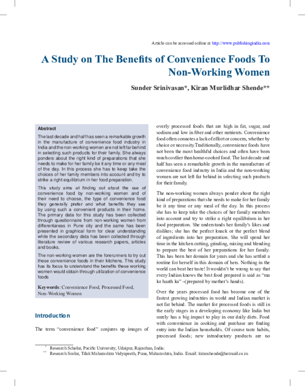 (PDF) A Study on The Benefits of Convenience Foods To NonWorking Women