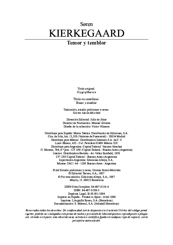 (PDF) Kierkegaard Temor y Temblor johan ramos Academia.edu