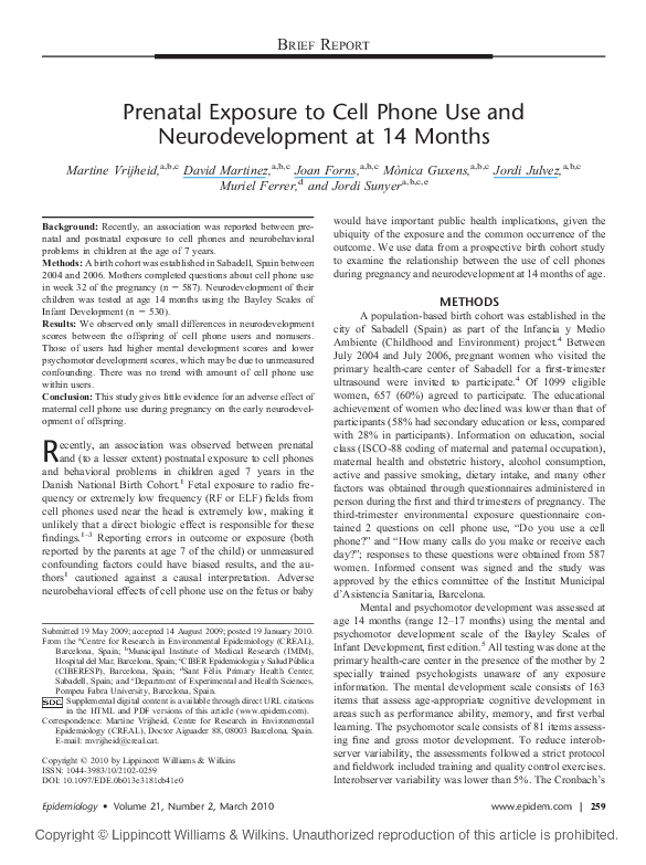 (PDF) Prenatal Exposure to Cell Phone Use and Neurodevelopment at 14 Months