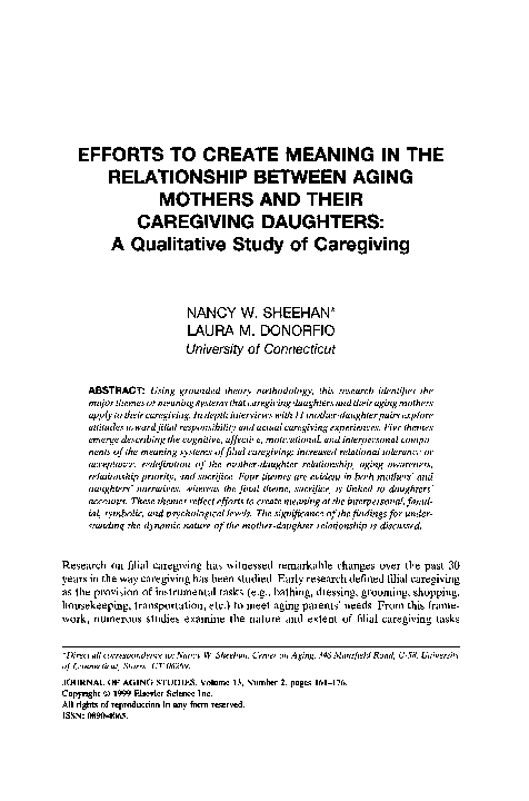 Pdf Efforts To Create Meaning In The Relationship Between Aging Mothers And Their Caregiving Daughters A Qualitative Study Of Caregiving Nancy Sheehan Academia Edu