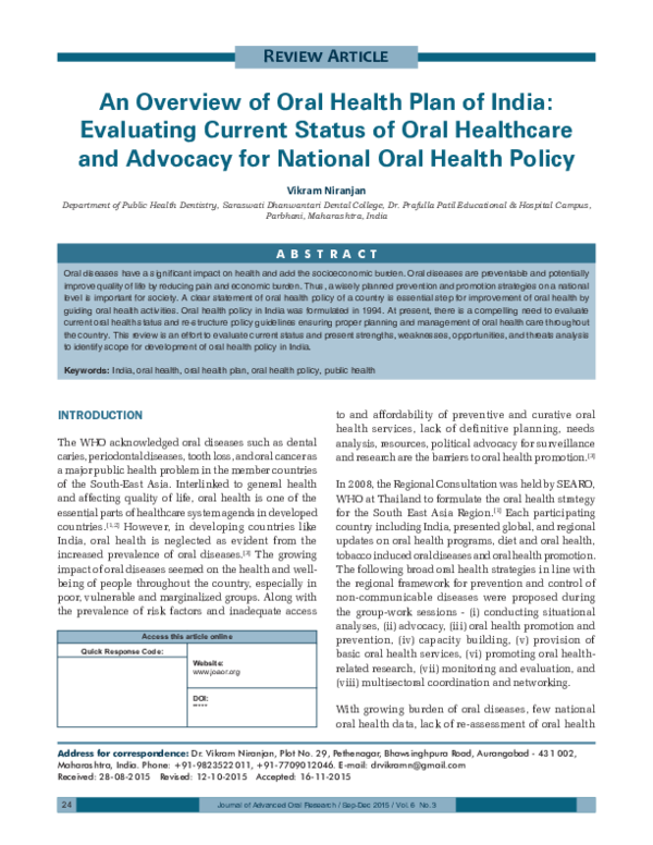 (PDF) Oral Health Plan of India Published Vikram Niranjan Academia.edu