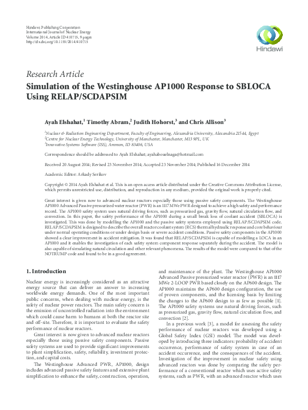 (PDF) Simulation of the Westinghouse AP1000 Response to SBLOCA Using ...