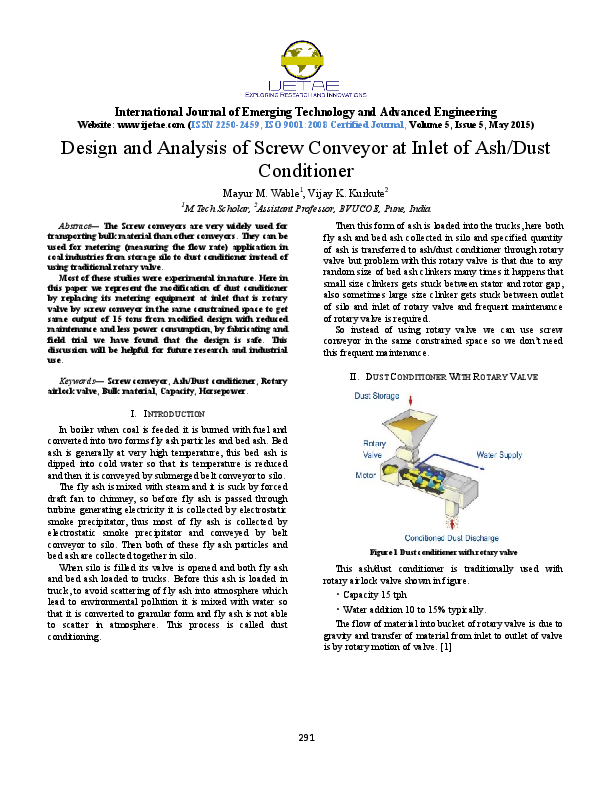 Pdf Design And Analysis Of Screw Conveyor At Inlet Of Ash Dust