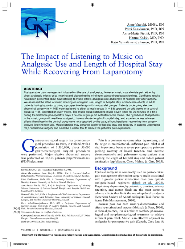 (PDF) The Impact of Listening to Music on Analgesic Use and Length of ...