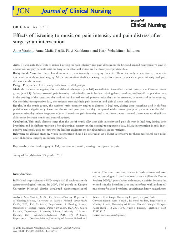 (PDF) Effects of listening to music on pain intensity and pain distress ...