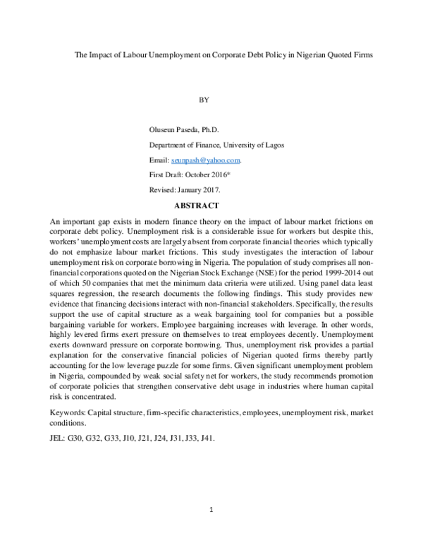(PDF) The Impact of Labour Unemployment on Corporate Debt Policy in ...