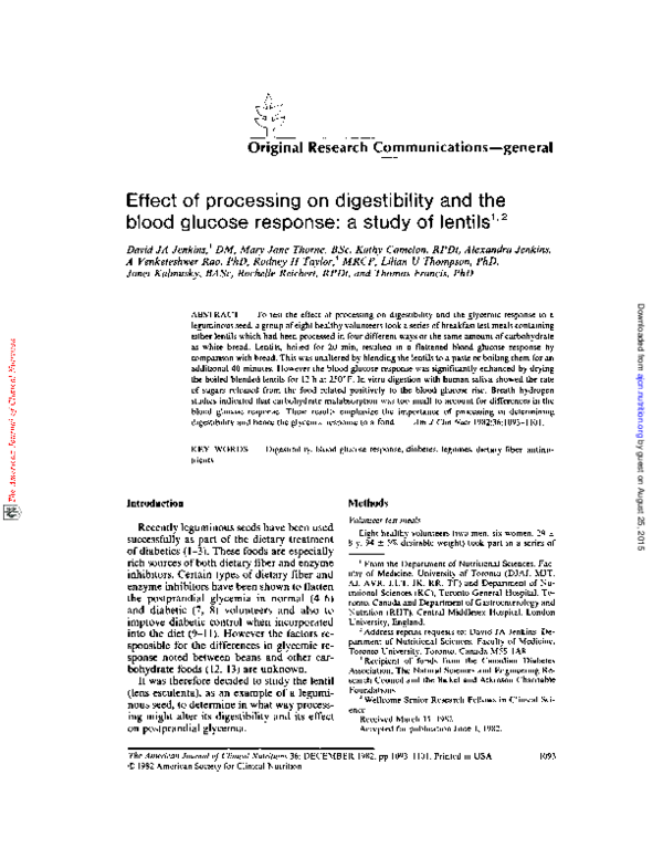 (PDF) Effect of processing on digestibility and the blood glucose response a study of lentils