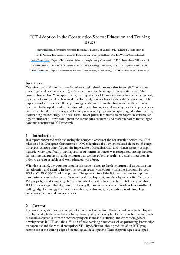 (PDF) ICT Adoption in the Construction Sector: Education and Training ...