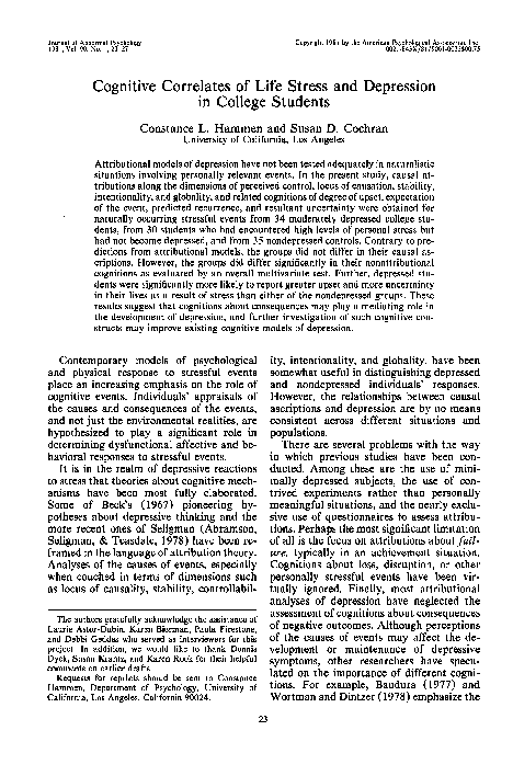 (PDF) Cognitive Correlates of Life Stress and Depression in College ...