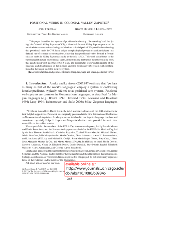 (PDF) Positional Verbs in Colonial Valley Zapotec (Foreman and ...