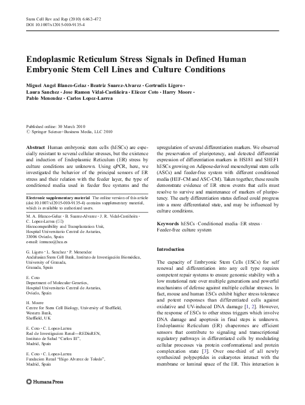 (PDF) Endoplasmic Reticulum Stress Signals in Defined Human Embryonic ...