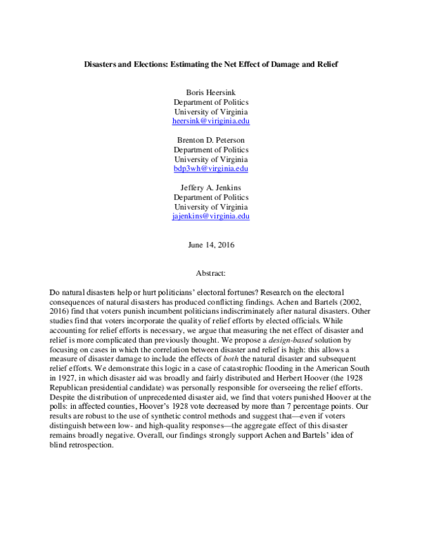 (PDF) Disasters and Elections: Estimating the Net Effect of Damage and ...