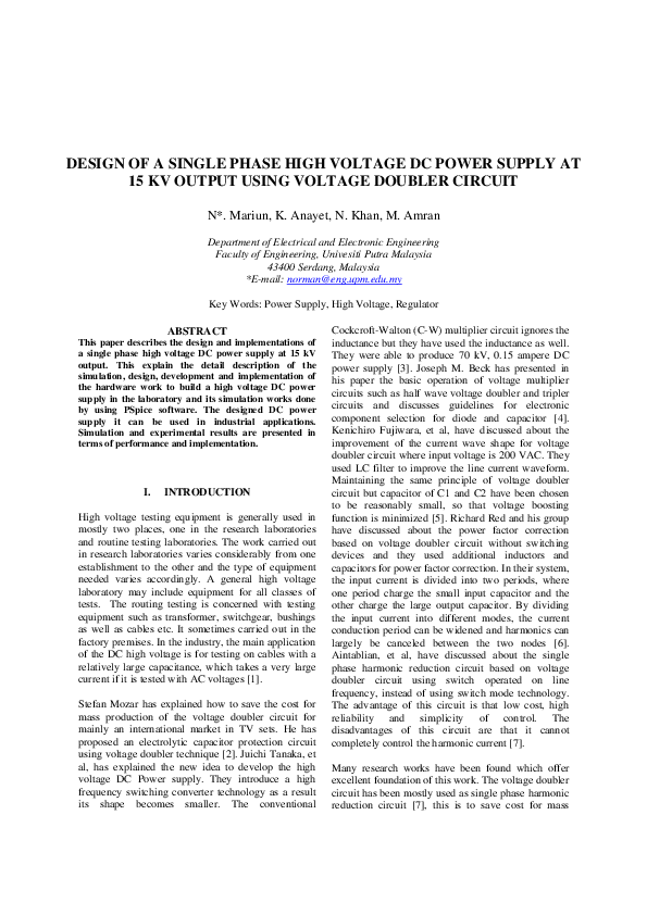 (PDF) Design of a Single Phase High Voltage DC Power Supply at 15 KV ...
