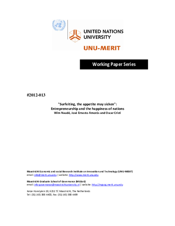 (PDF) “Surfeiting, the appetite may sicken”: entrepreneurship and happiness