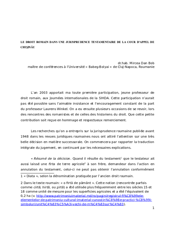 Doc Le Droit Romain Dans Une Jurisprudence Testamentaire De La Cour D Appel De Mircea Bob Academia Edu