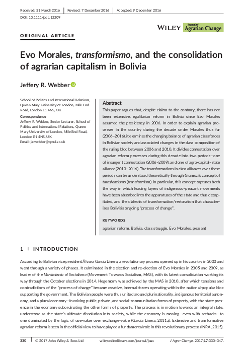 First page of “Evo Morales, transformismo, and the consolidation of agrarian capitalism in Bolivia”