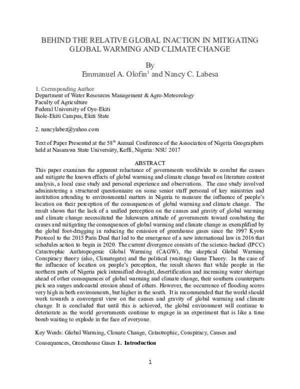 Behind the Relative Global Inaction in Mitigating Global Warming and Climate Change