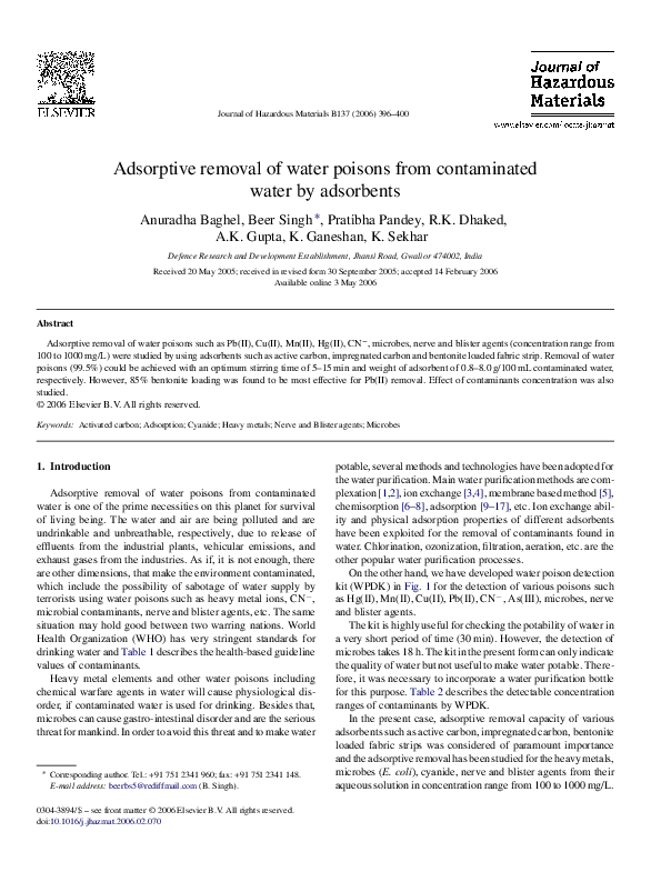 (PDF) Adsorptive removal of water poisons from contaminated water by ...