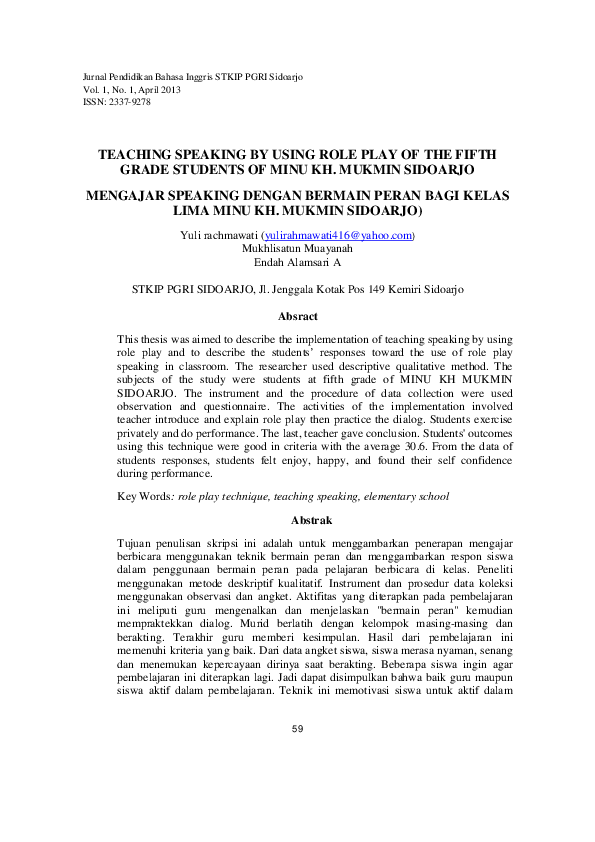 Pdf Teaching Speaking By Using Role Play Of The Fifth Grade Students Of Minu Kh Mukmin Sidoarjo Mengajar Speaking Dengan Bermain Peran Bagi Kelas Lima Minu Kh Mukmin Sidoarjo Siti Syarofah