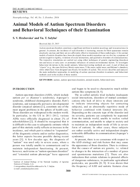 (PDF) Animal Models of Autism Spectrum Disorders and Behavioral