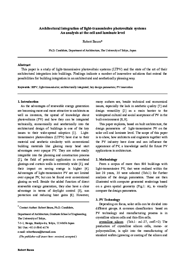 Pdf Architectural Integration Of Light Transmissive Photovoltaic An Analysis At The Cell And Laminate Level Robert Baum Academia Edu