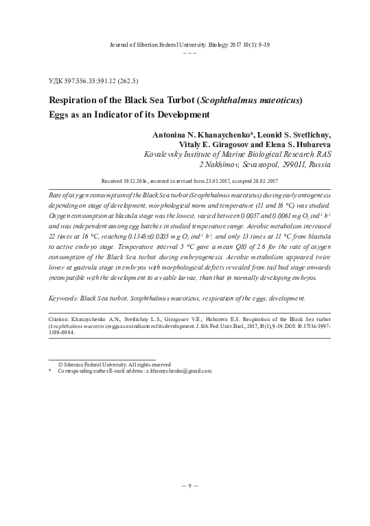 (PDF) Respiration of the Black Sea Turbot (Scophthalmus maeoticus) Eggs ...