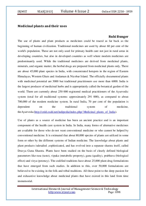 (PDF) Medicinal plants and their uses Interal Res journa Managt Sci