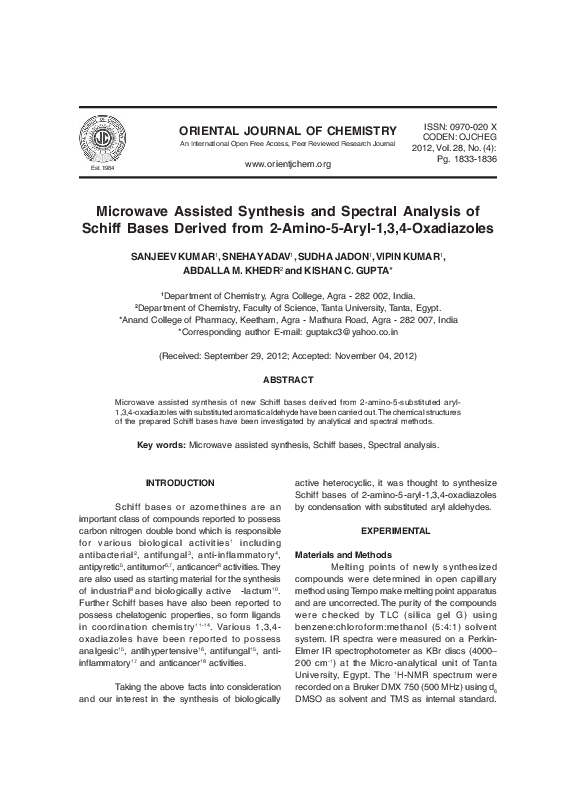 (PDF) Microwave Assisted Synthesis and Spectral Analysis of Schiff ...
