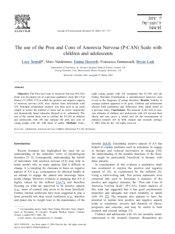 Pdf The Use Of The Pros And Cons Of Anorexia Nervosa P Can Scale With Children And Adolescents Francesca Emanueli Academia Edu