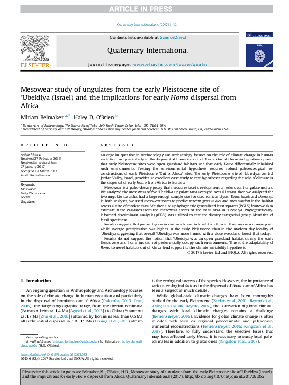 (PDF) Mesowear study of ungulates from the early Pleistocene site of ...