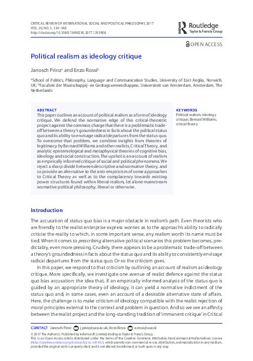 Pdf Political Realism As Ideology Critique Enzo Rossi And Janosch Prinz Academia Edu