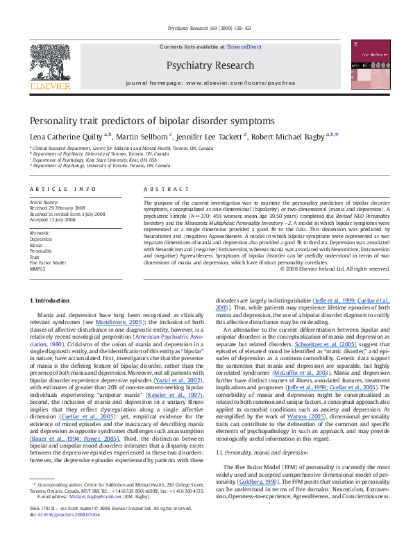 (PDF) Personality trait predictors of bipolar disorder symptoms