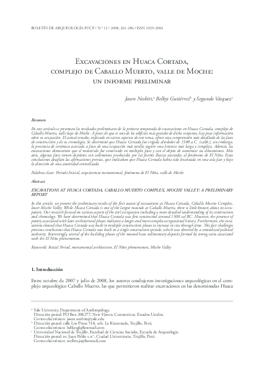 (PDF) Excavaciones en Huaca Cortada, complejo de Caballo Muerto, valle