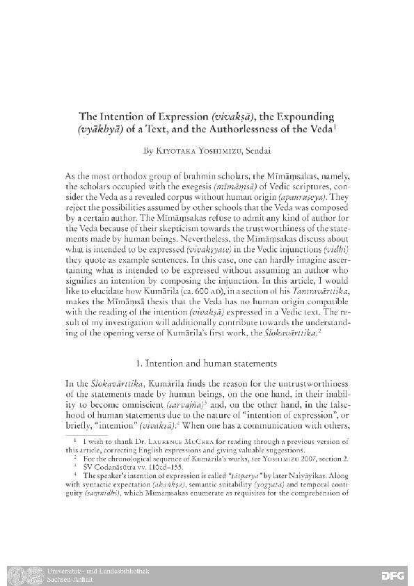 First page of ““The Intention of Expression (vivakṣā), the Expounding (vyākhyā) of a Text, and the Authorlessness of the Veda.””
