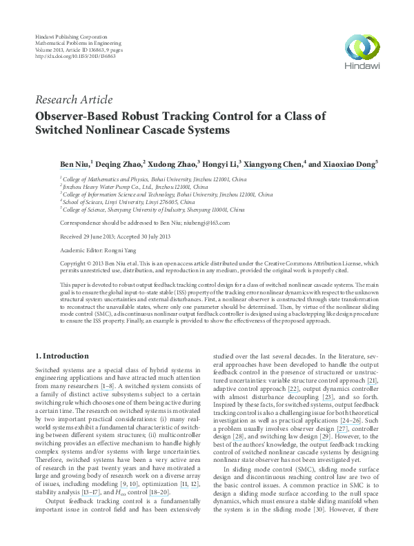 (PDF) Observer-Based Robust Tracking Control for a Class of Switched ...