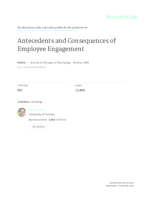 (PDF) Antecedents and Consequences of Employee Engagement