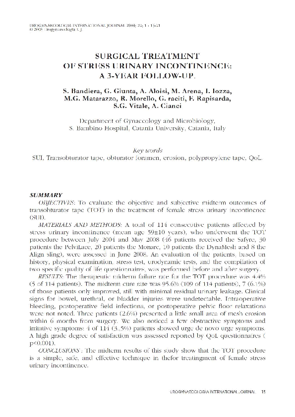 (PDF) Surgical treatment of stress urinary incontinence: a 3-year follow-up