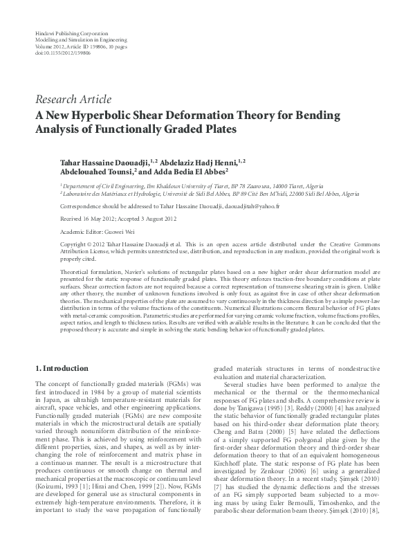 (PDF) A New Hyperbolic Shear Deformation Theory for Bending Analysis of ...