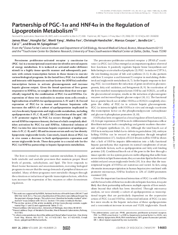 (PDF) Partnership of PGC-1 and HNF4 in the Regulation of Lipoprotein ...
