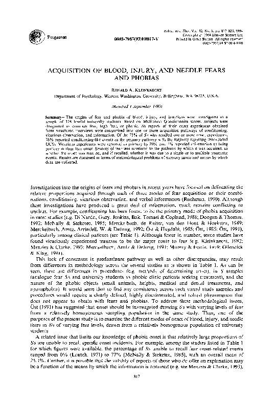 (PDF) Acquisition of blood, injury, and needle fears and phobias
