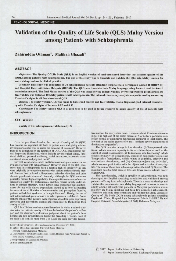 (PDF) Validation of the Quality of Life Scale (QLS) Malay Version among ...