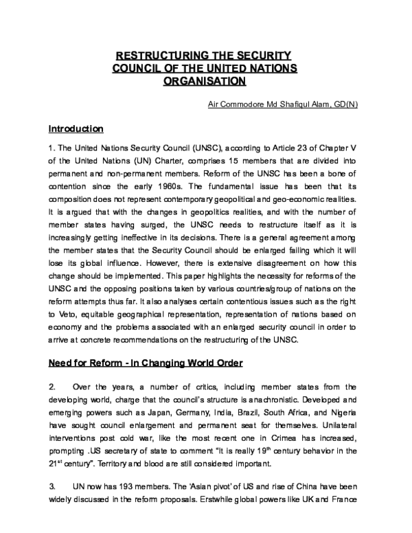 (DOC) RESTRUCTURING THE SECURITY COUNCIL OF THE UNITED NATIONS ORGANISATION