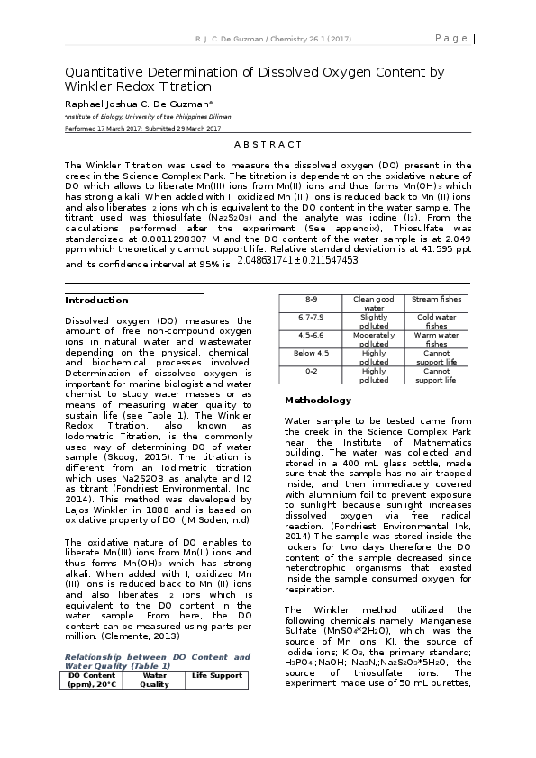 Redox titration winkler method for dissolved oxygen determination essay 07 image