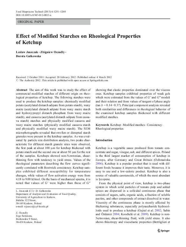 (PDF) Effect of Modified Starches on Rheological Properties of Ketchup
