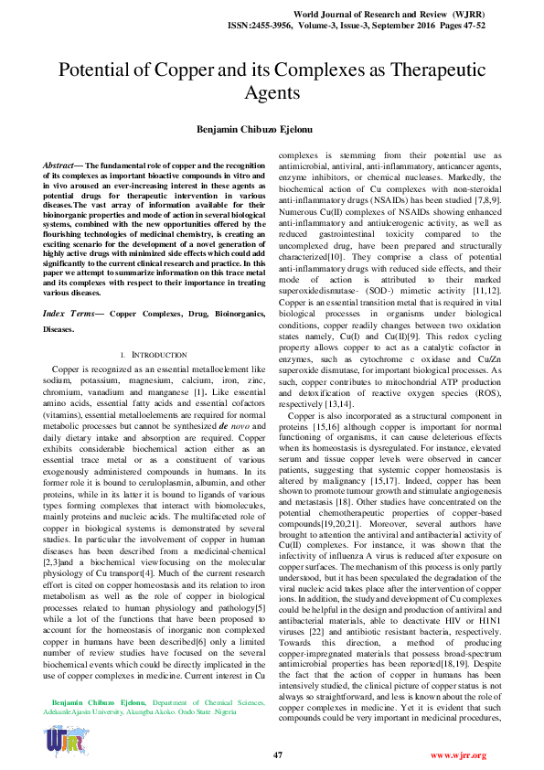 (PDF) Potential of Copper and its Complexes as Therapeutic Agents